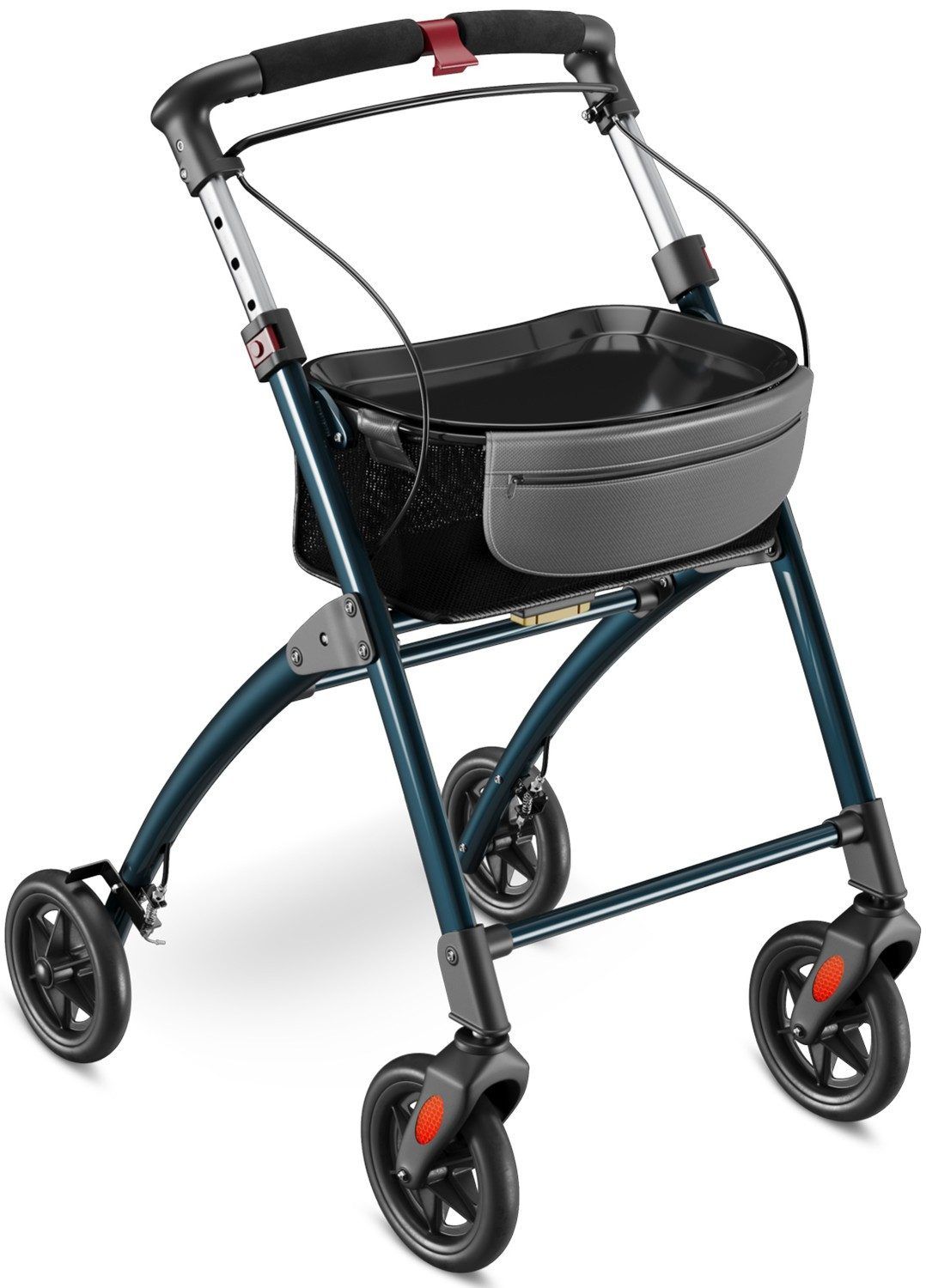 Rollator mit vier Rädern, blauem Rahmen, Korb und Feststellbremse. Schwarze Räder mit roten Akzenten.