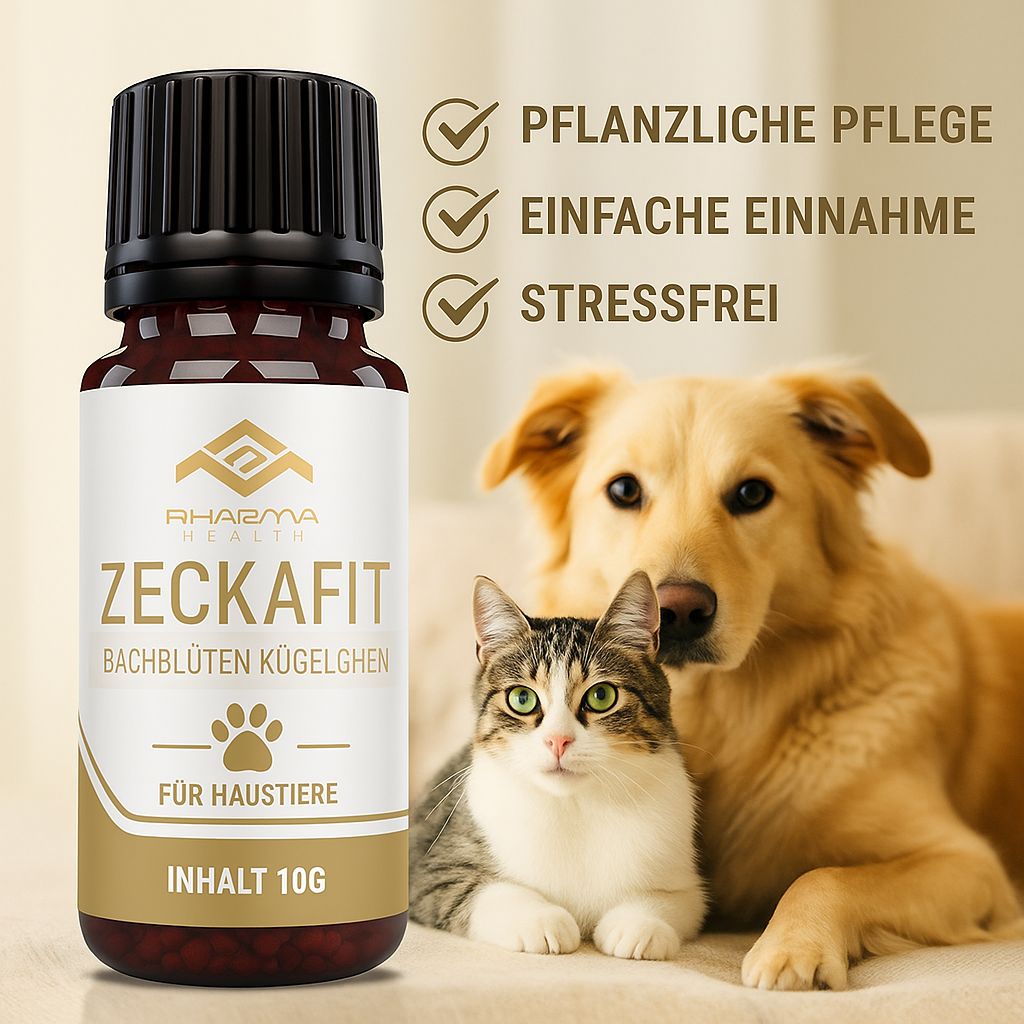 Braune Glasflasche mit schwarzem Deckel. Etikett mit "ZECKAFIT", "Bachblüten Kügelchen", Pfoten-Symbol und "FÜR HAUSTIERE". Hund und Katze im Hintergrund.