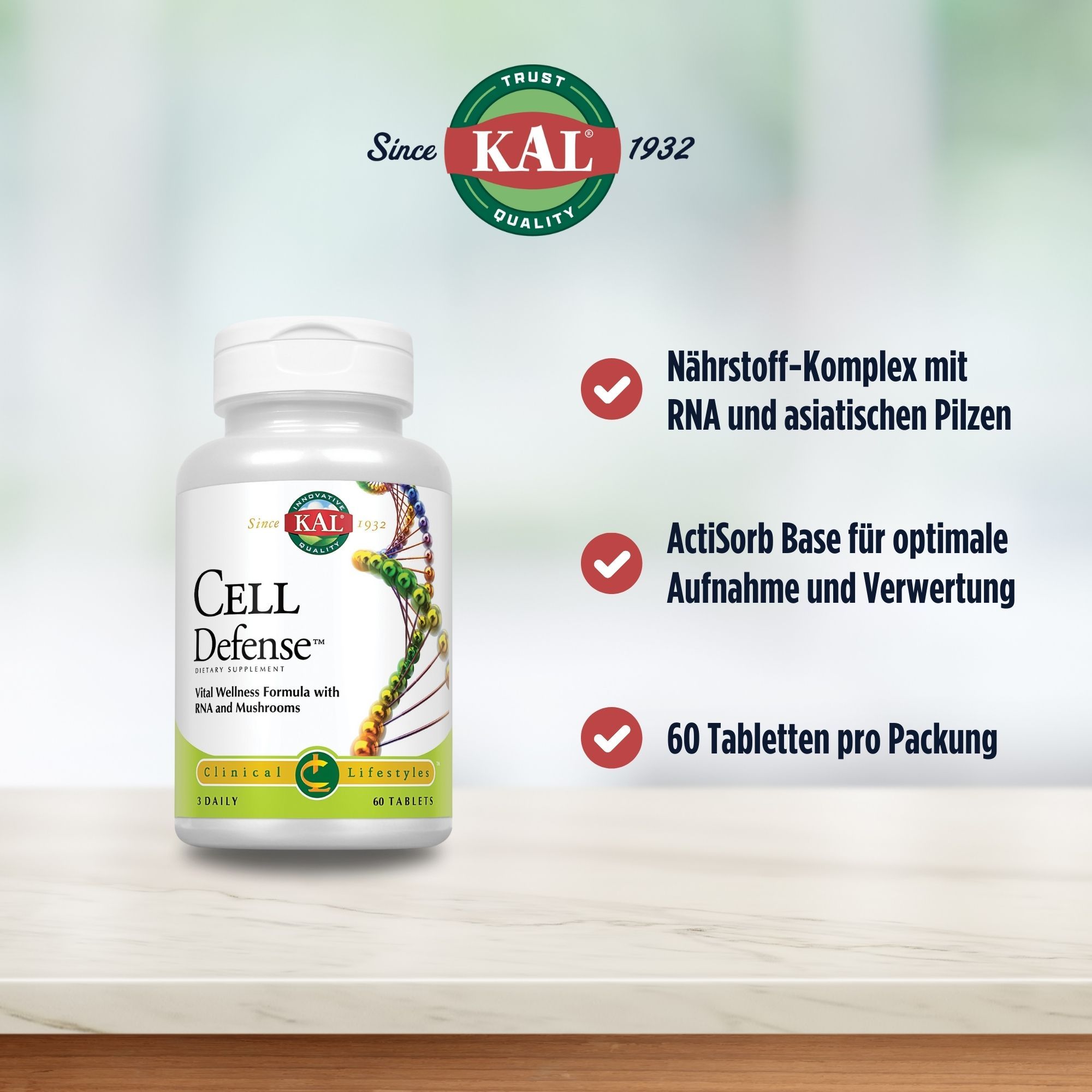 Weiße Flasche "Cell Defense". Logo "KAL". Text: "Cell Defense". 60 Tabletten. Rote Häkchen.