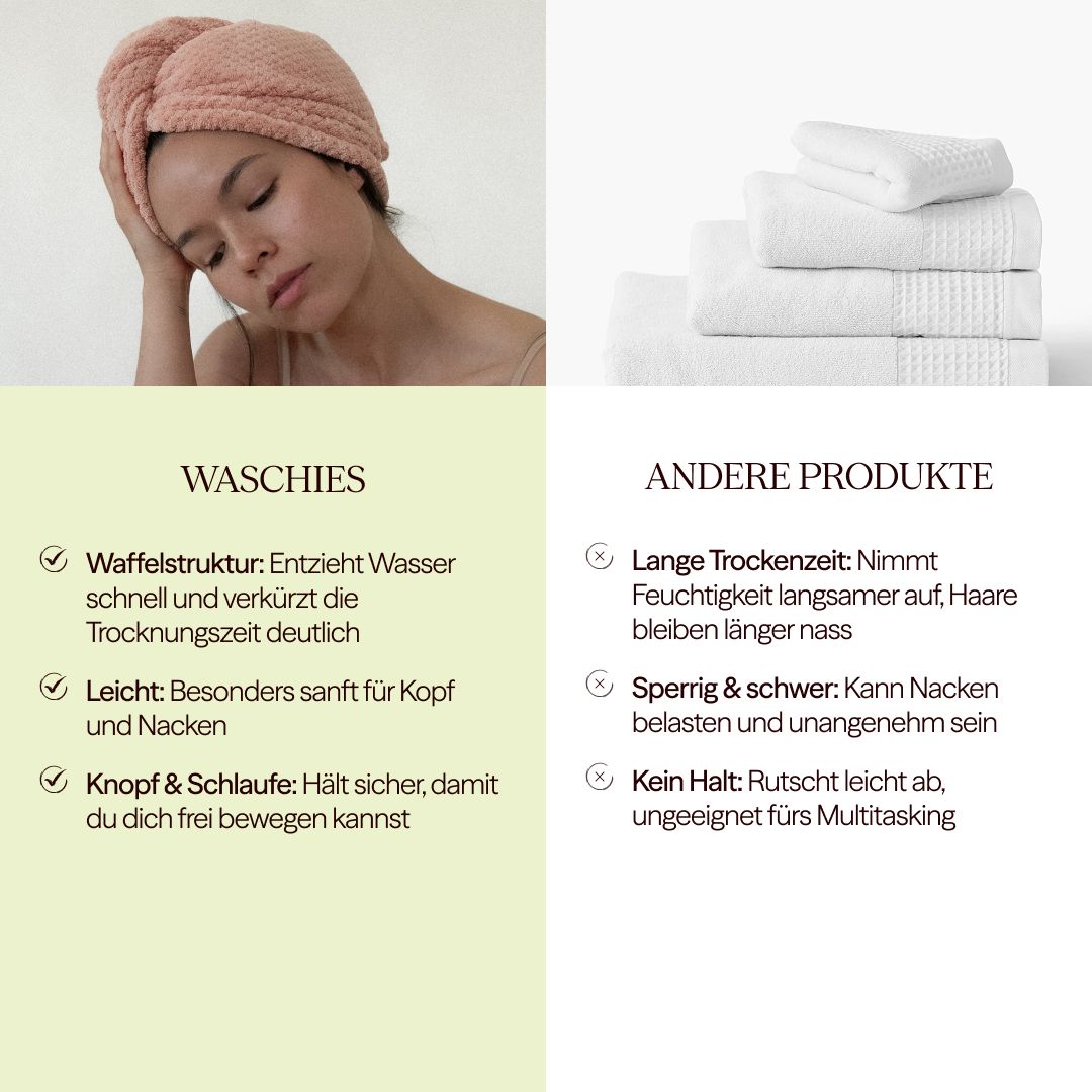 Frau mit rosa Haarturban. Vergleich: Waffelstruktur vs. andere Produkte. Vorteile: schnell trocknend, leicht, Knopf & Schlaufe.