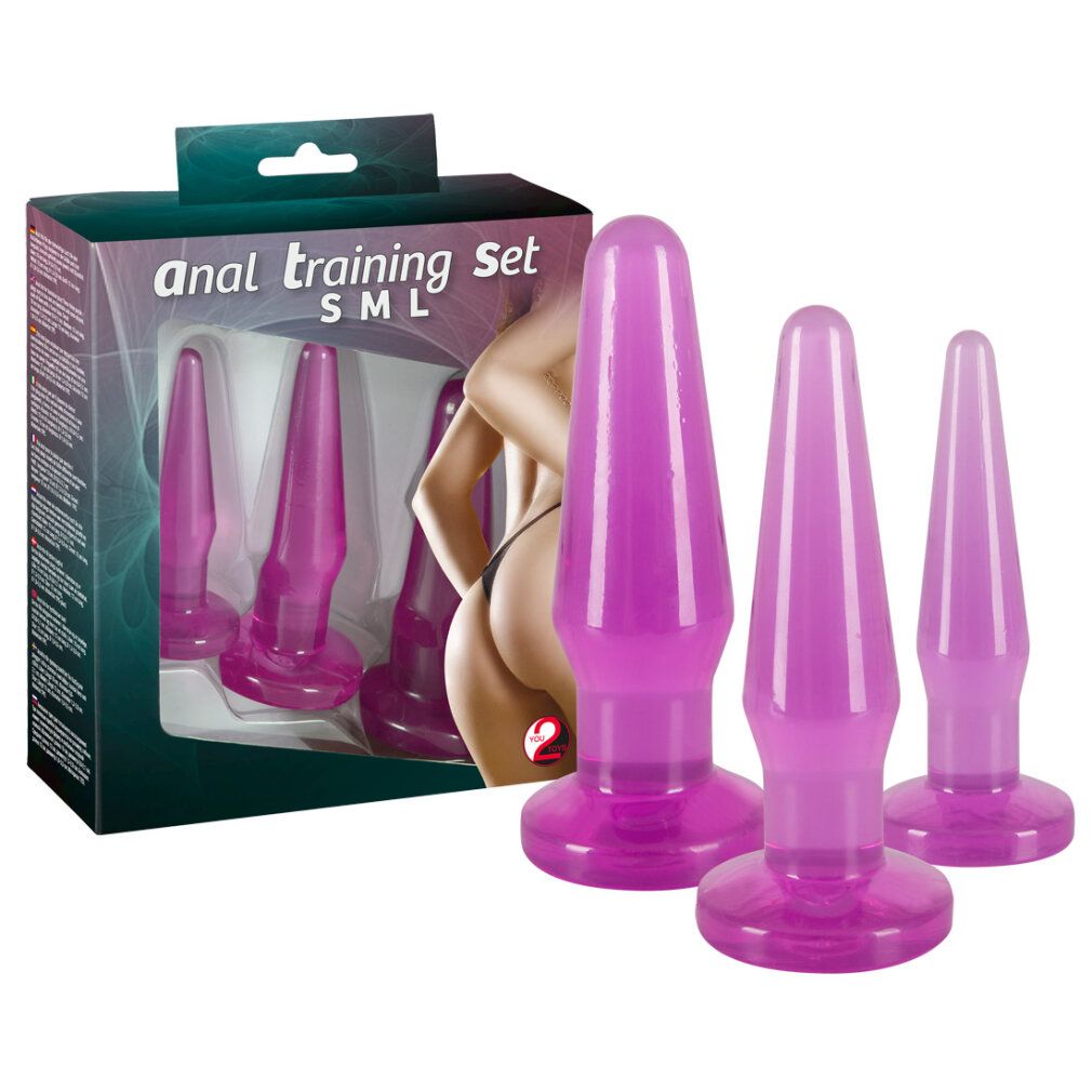 Verpackung mit drei violetten Anal-Plugs. Aufschrift: 'anal training Set SML'.