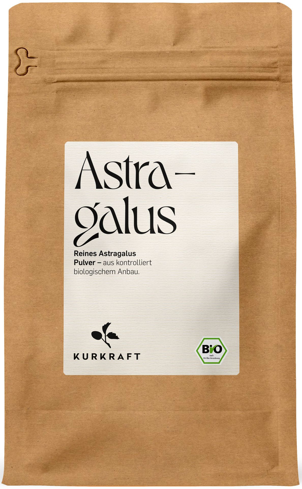 Beutel mit Astragalus-Pulver. Text: Reines Astragalus Pulver aus kontrolliert biologischem Anbau. Bio-Siegel.