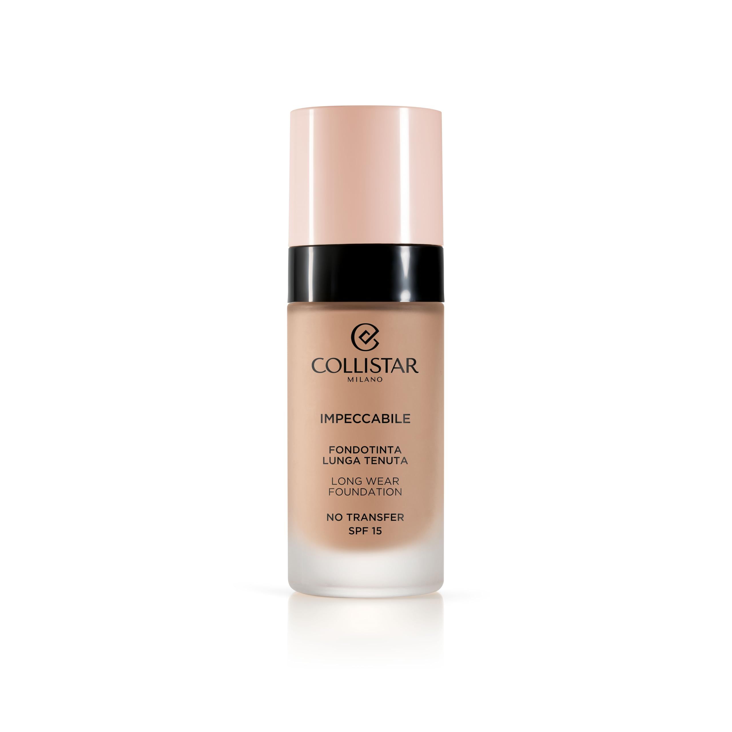 Foundation-Flakon. Beschriftung: Collistar, Impeccabile, Long Wear Foundation, SPF 15. Rosa Deckel, schwarzer Ring.