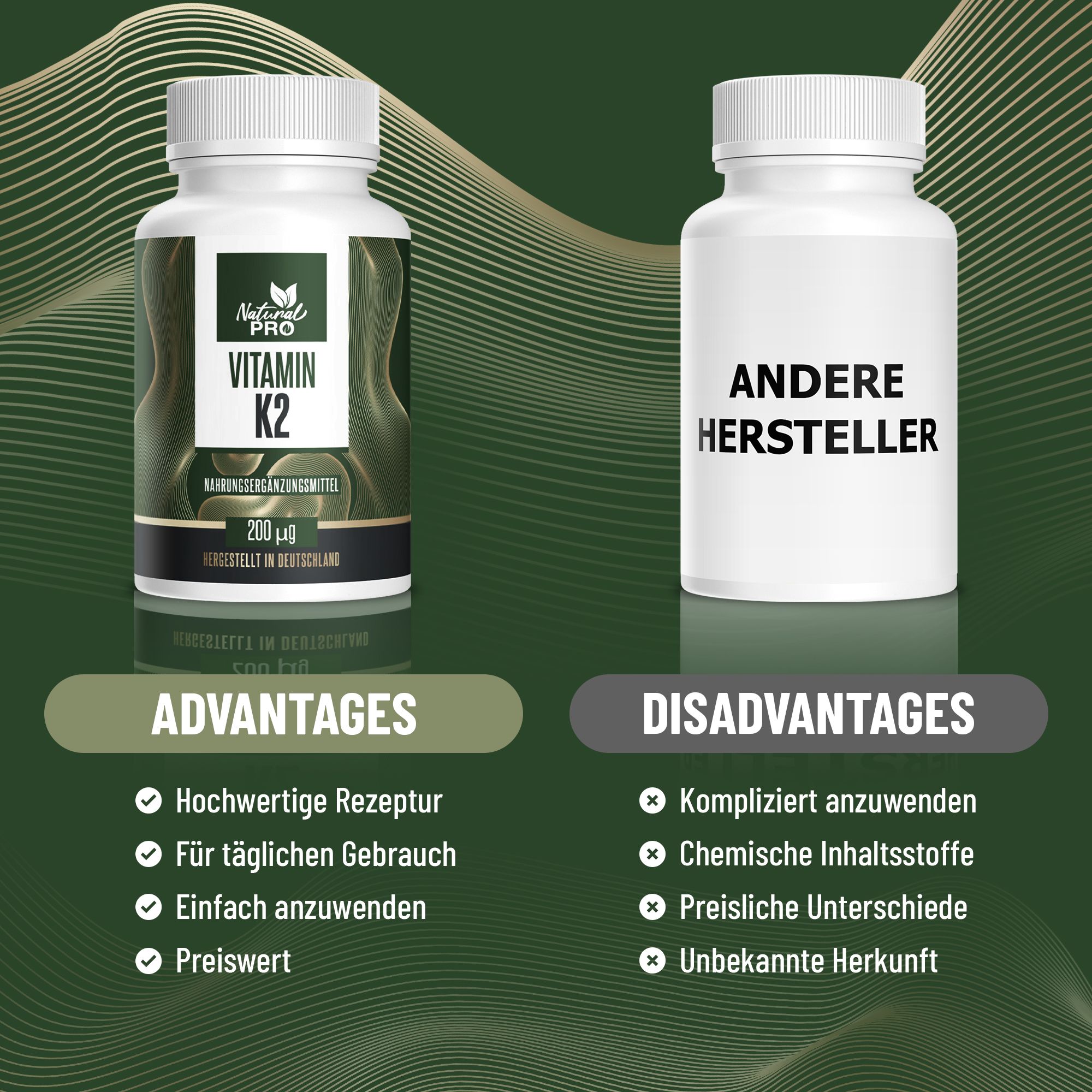 Zwei weiße Pillenflaschen. Eine mit Natural Pro Vitamin K2, die andere mit "ANDERE HERSTELLER". Vorteile und Nachteile werden verglichen.
