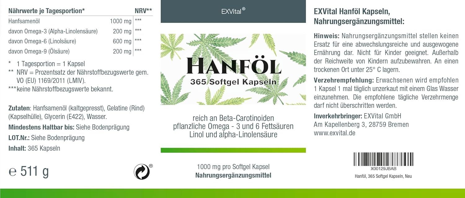 Etikett mit Text: Hanföl 365 Softgel Kapseln. Reich an Omega-3 und 6 Fettsäuren. 1000 mg pro Softgel Kapsel. 365 Kapseln.