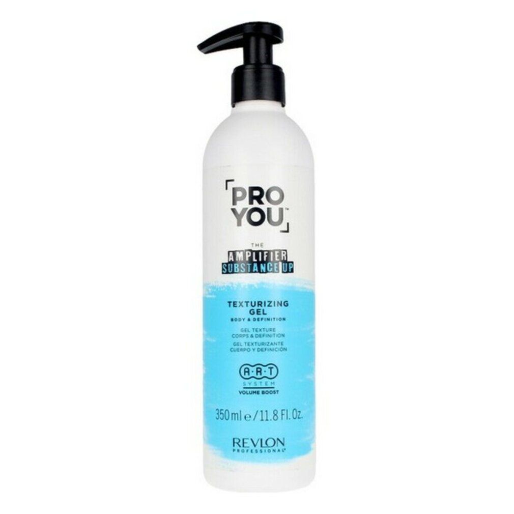 Weiße Flasche mit schwarzem Pumpkopf. Aufschrift: PRO YOU, THE AMPLIFIER SUBSTANCE UP, TEXTURIZING GEL. Volumen Boost. Marke: Revlon.