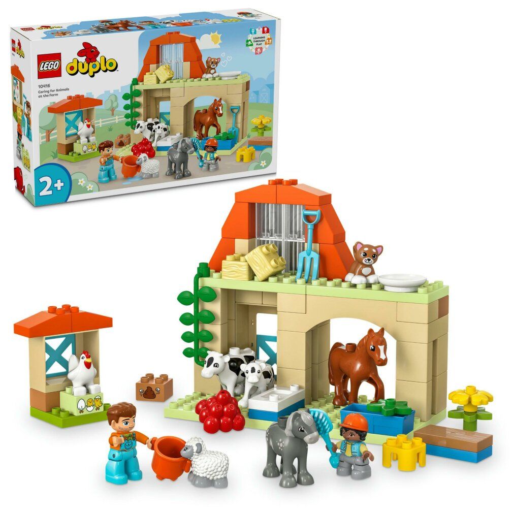 LEGO Duplo-Set. Bauernhof-Spielzeug mit Figuren und Tieren. Verpackung mit Produktname und Altersempfehlung 2+. Gebäude und Tiere.