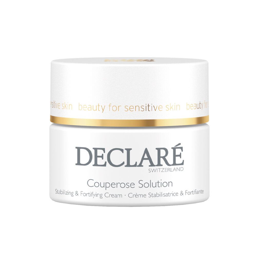 Weißes Tiegel mit goldfarbenem Rand. Schriftzug: DECLARÉ Couperose Solution. Text: Stabilizing & Fortifying Cream.