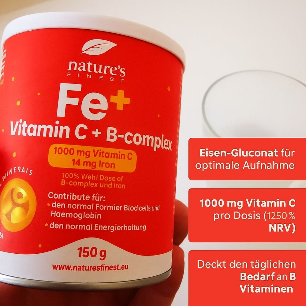 Rote Dose "Nature's Finest Fe+ Vitamin C + B-Komplex". Enthält 1000 mg Vitamin C und 14 mg Eisen. Text in Deutsch.