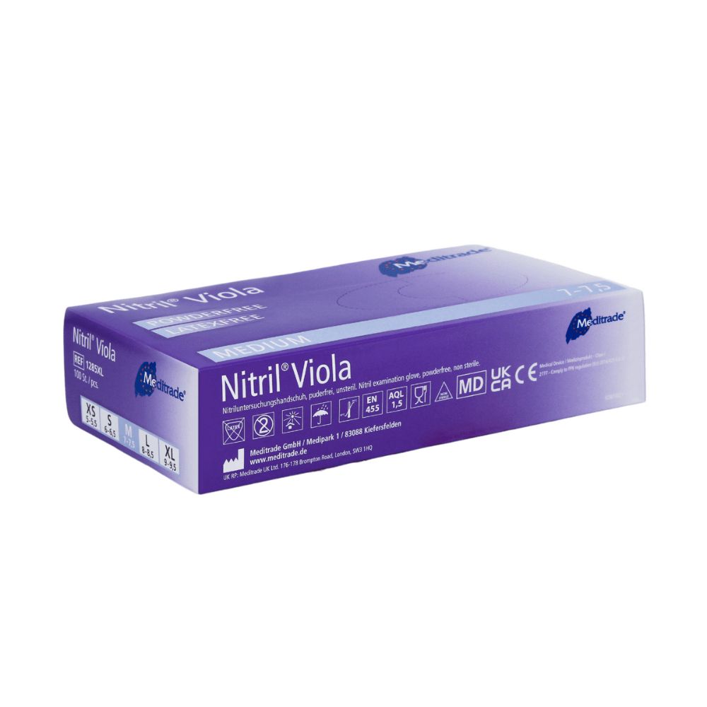 Meditrade Nitril® Viola Einweghandschuhe, lila Kartonverpackung mit Größenangabe M.