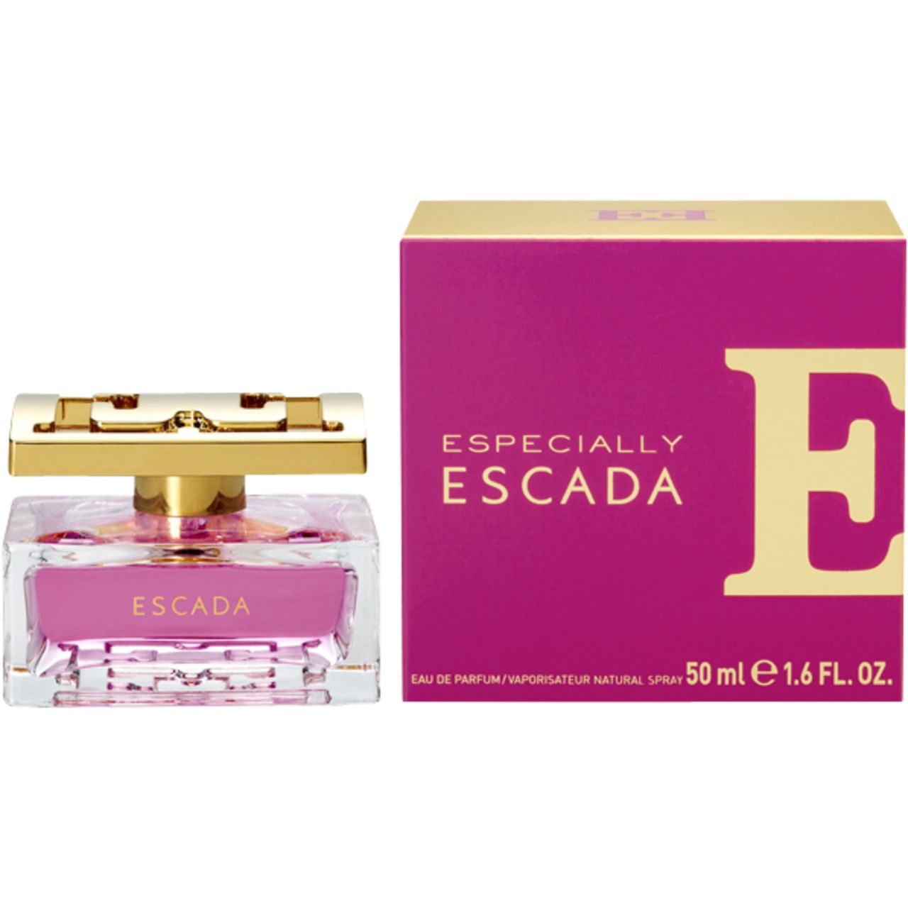 Flakon und Verpackung. Flakon mit rosa Flüssigkeit, goldener Verschluss. Verpackung pink mit Schriftzug ESPECIALLY ESCADA.