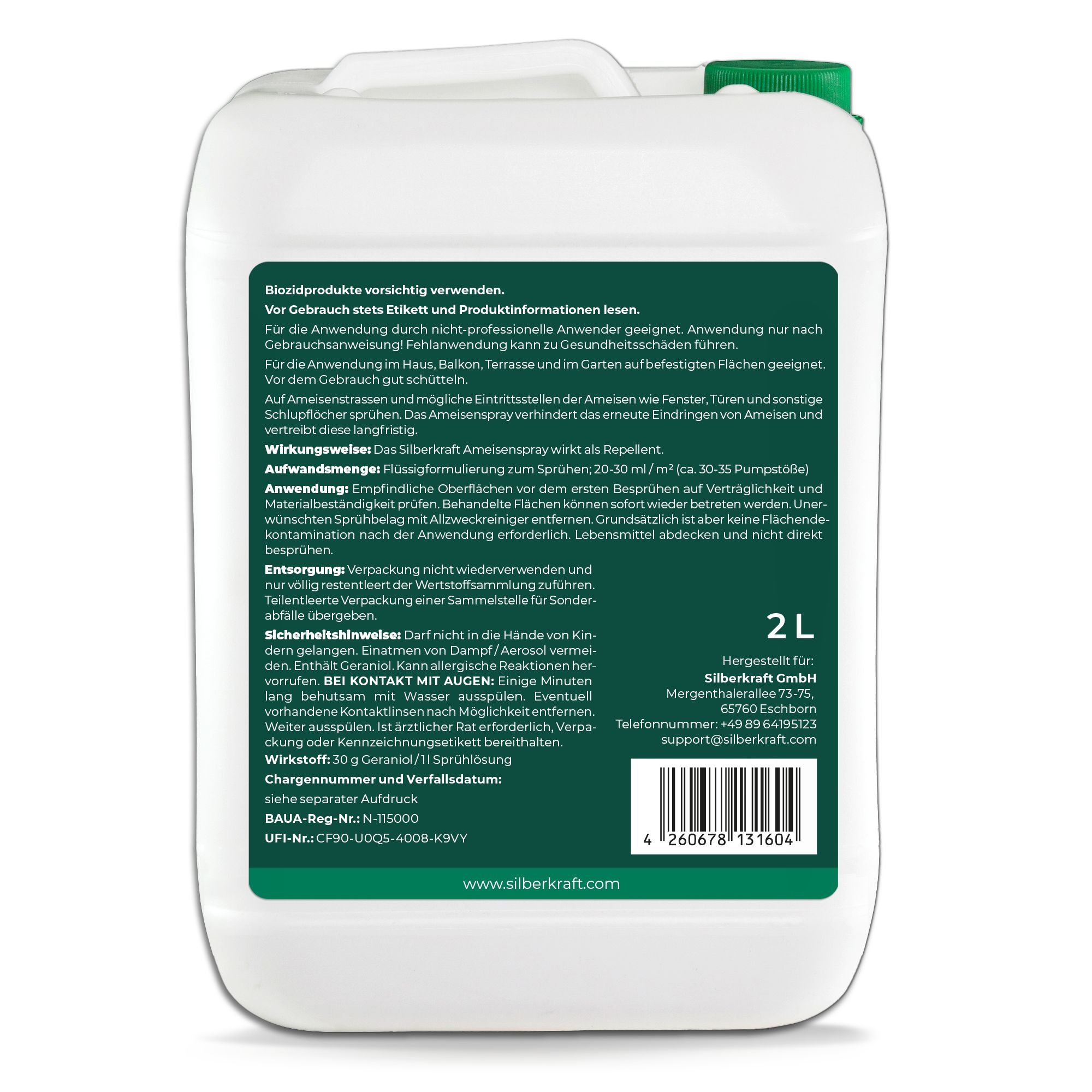 Rückseite des 2L SILBERKRAFT Ameisen Spray Kanisters. Text: Anwendung, Wirkungsweise, Inhaltsstoffe, Sicherheitshinweise.