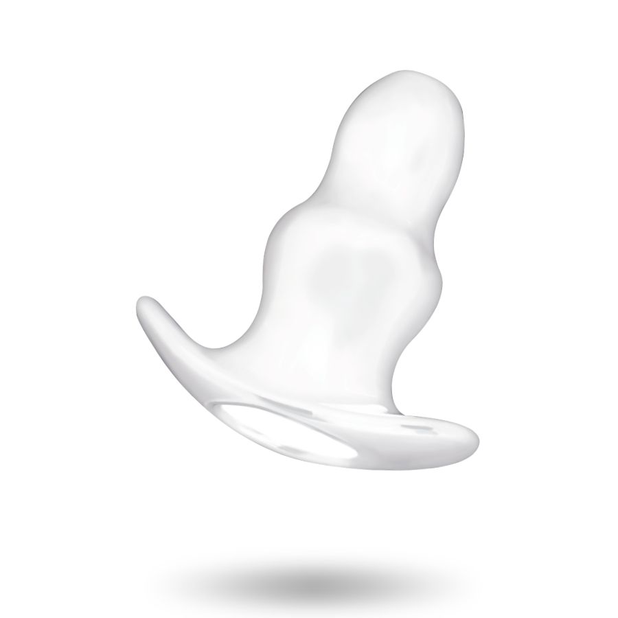 Transparentes Anal-Dilatator aus TPE. Geschwungene Form mit Basis und Spitze. Produkt schwebt.