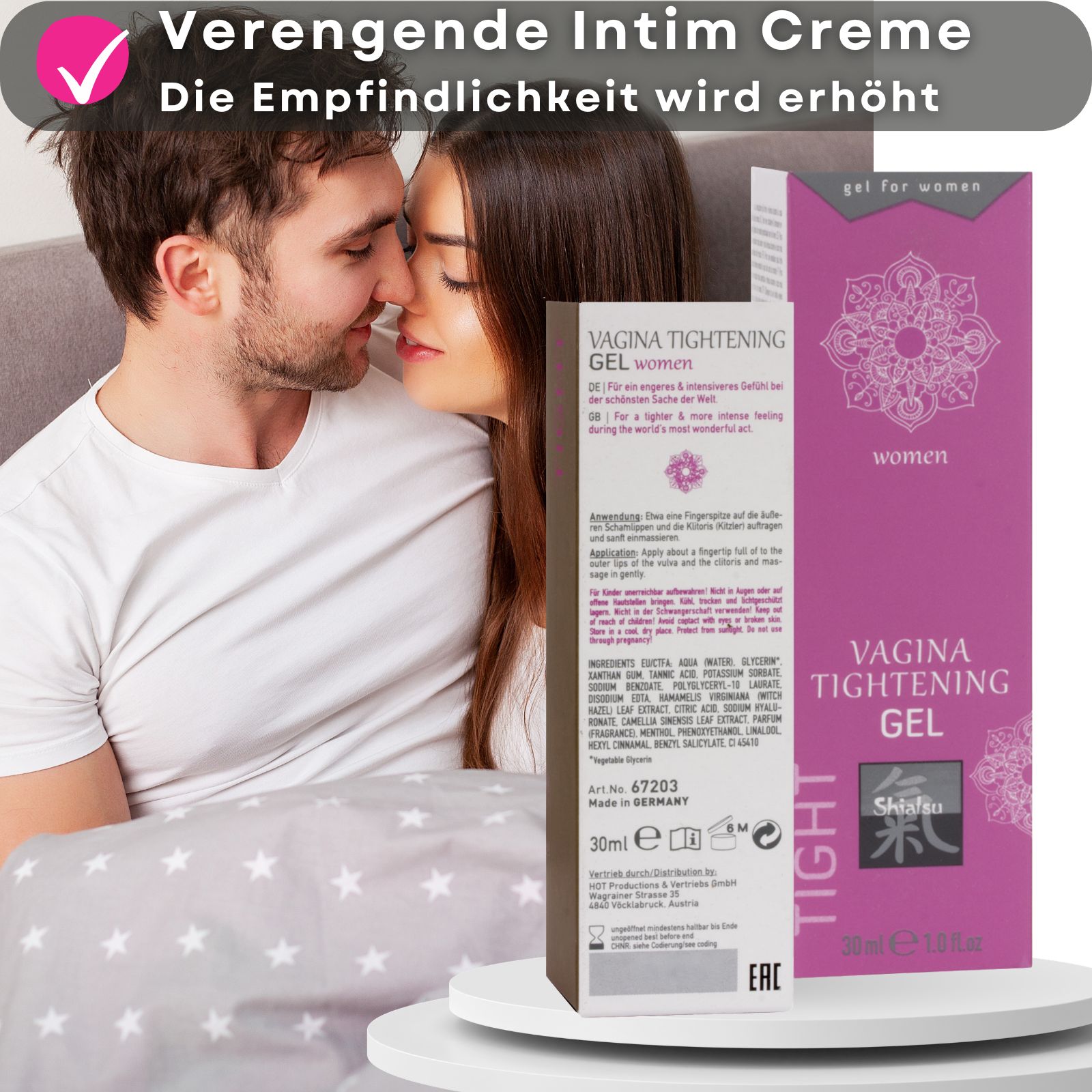 Produktverpackung und Tube. Aufschrift: Vagina Tightening Gel, Shiatsu. Für Frauen. Hintergrund: Paar.