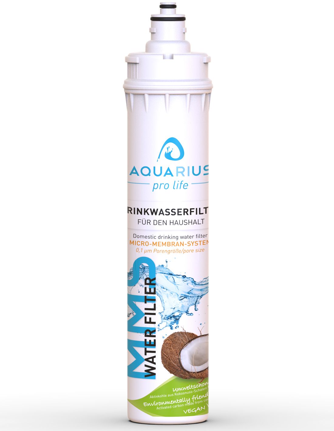 Weißer Wasserfilter mit blauer Aufschrift AQUARIUS pro life. Text: MMS WATER FILTER, Trinkwasserfilter, Kokosnuss-Illustration.