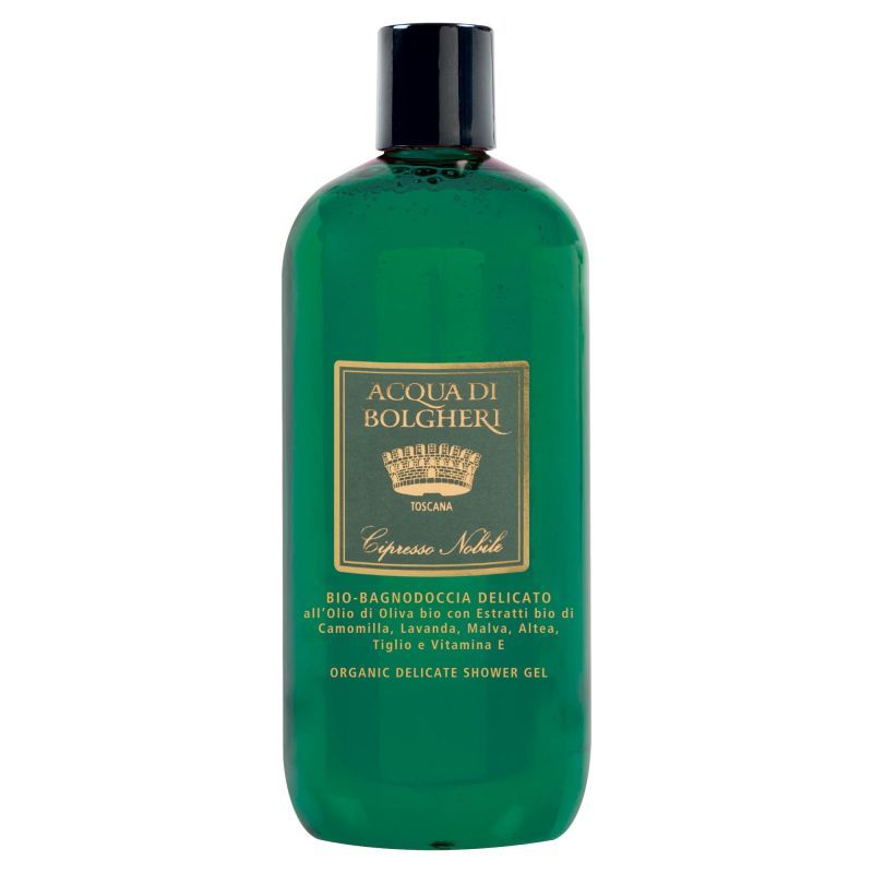 Grüne Flasche mit schwarzem Deckel. Etikett mit Text: ACQUA DI BOLGHERI, Cipresso Nobile. Bio-Duschgel.