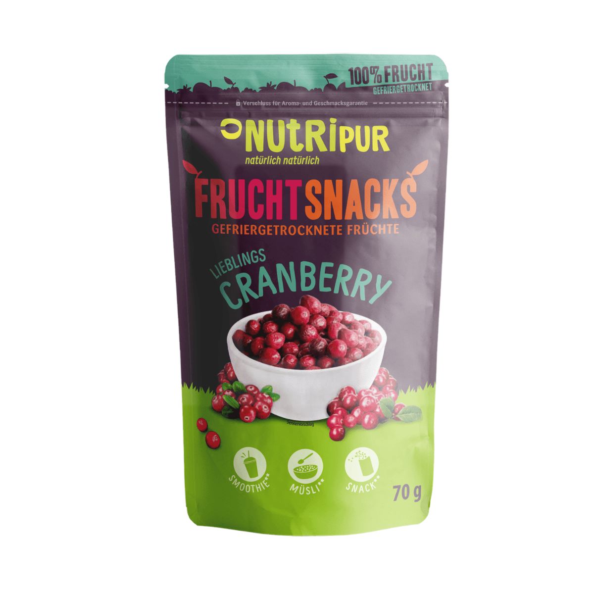 Beutel mit gefriergetrockneten Cranberrys. Aufschrift: NutriPur, Frucht Snacks, Cranberry. 70g.