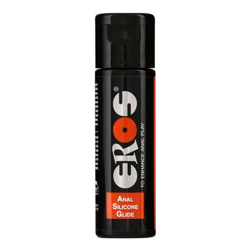 Schwarze Flasche mit schwarzem Deckel. Aufschrift: EROS, Anal Silicone Glide.