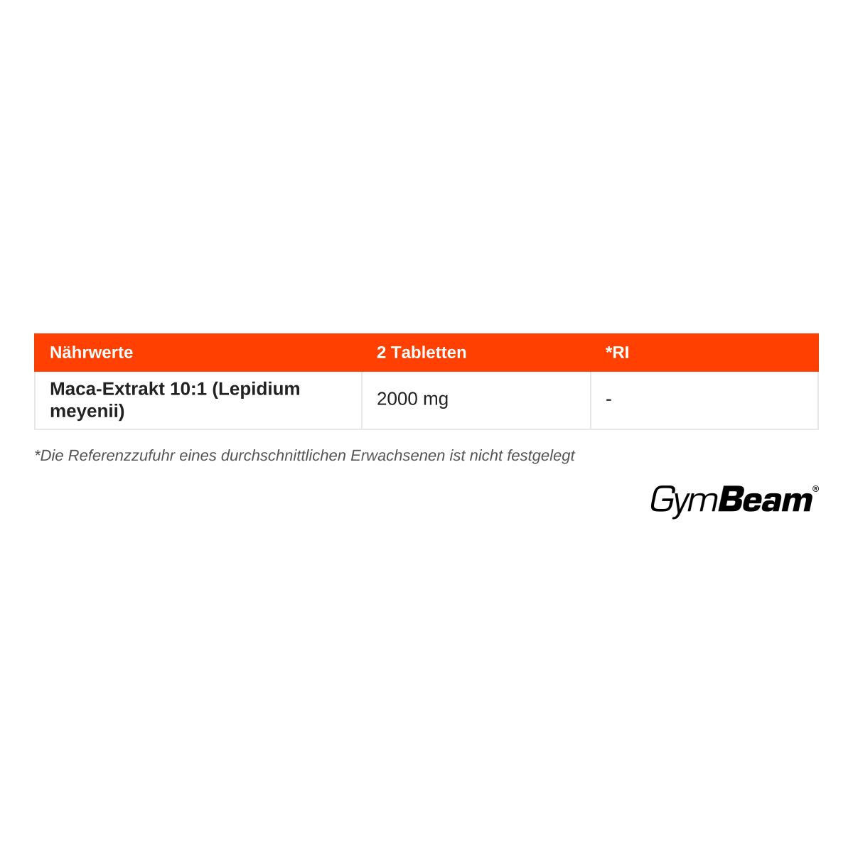 Nährwertangaben für GymBeam Maca Forte: 2 Tabletten enthalten 2000 mg Maca-Extrakt 10:1.