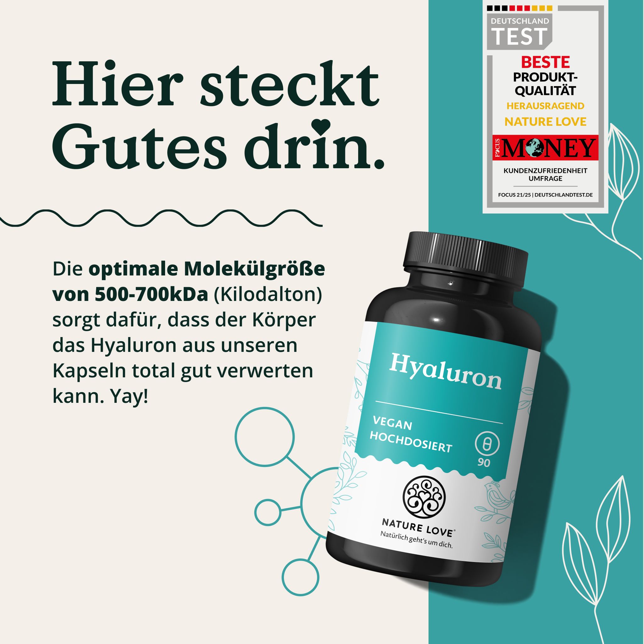 Flasche mit Hyaluron-Kapseln, mit Siegel 'Deutschland Test'. Text: Hier steckt Gutes drin. Optimale Molekülgröße.