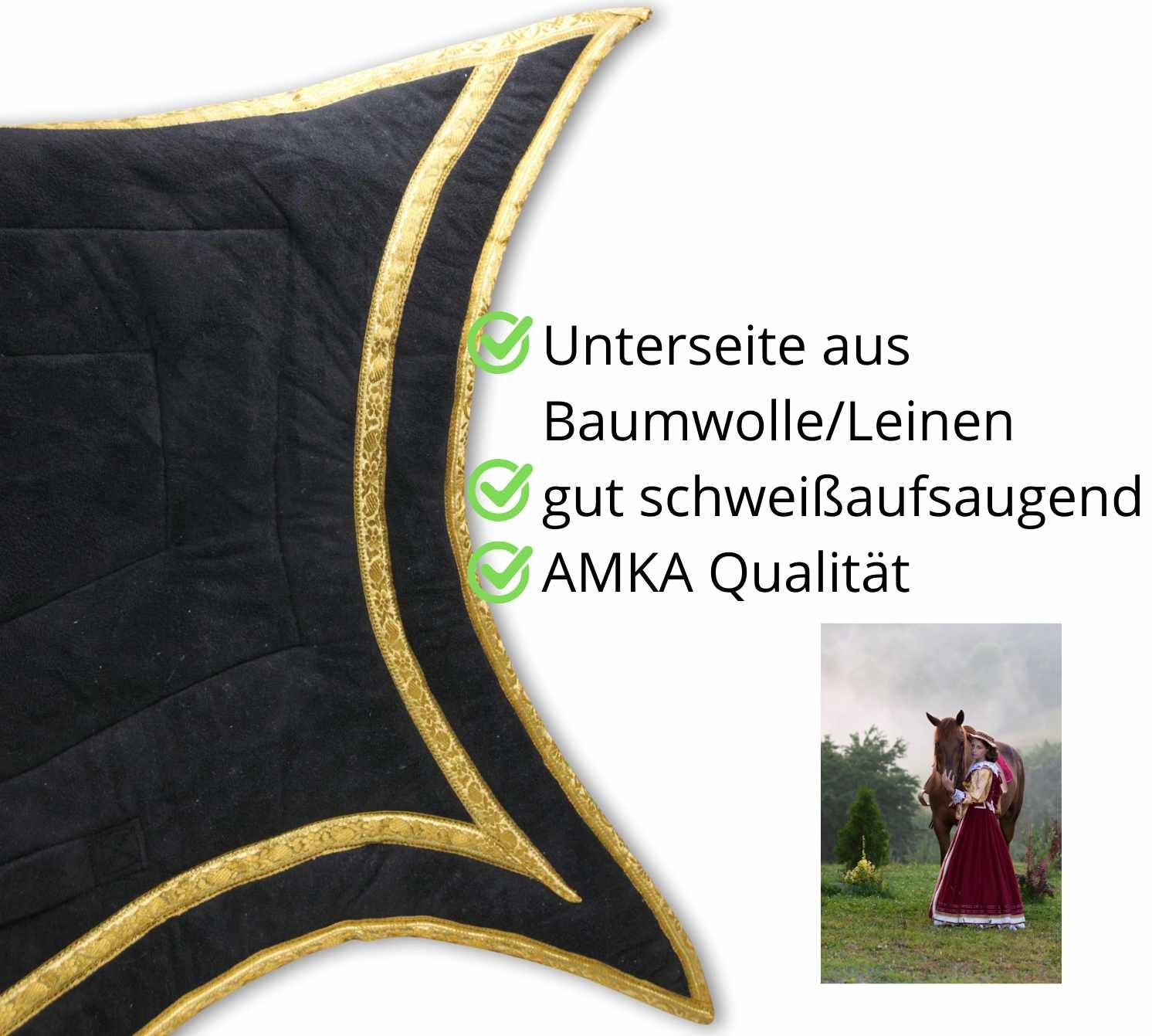 Detail der Schabracke. Text: Unterseite aus Baumwolle/Leinen, gut schweißaufsaugend, AMKA Qualität.
