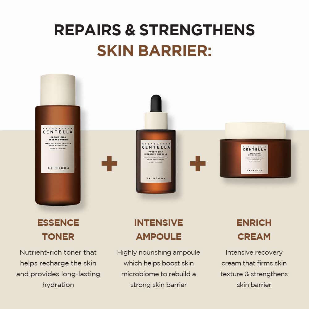 Drei Produkte: Essence Toner, Intensive Ampulle und Enrich Cream. Text: REPAIRS & STRENGTHENS SKIN BARRIER.