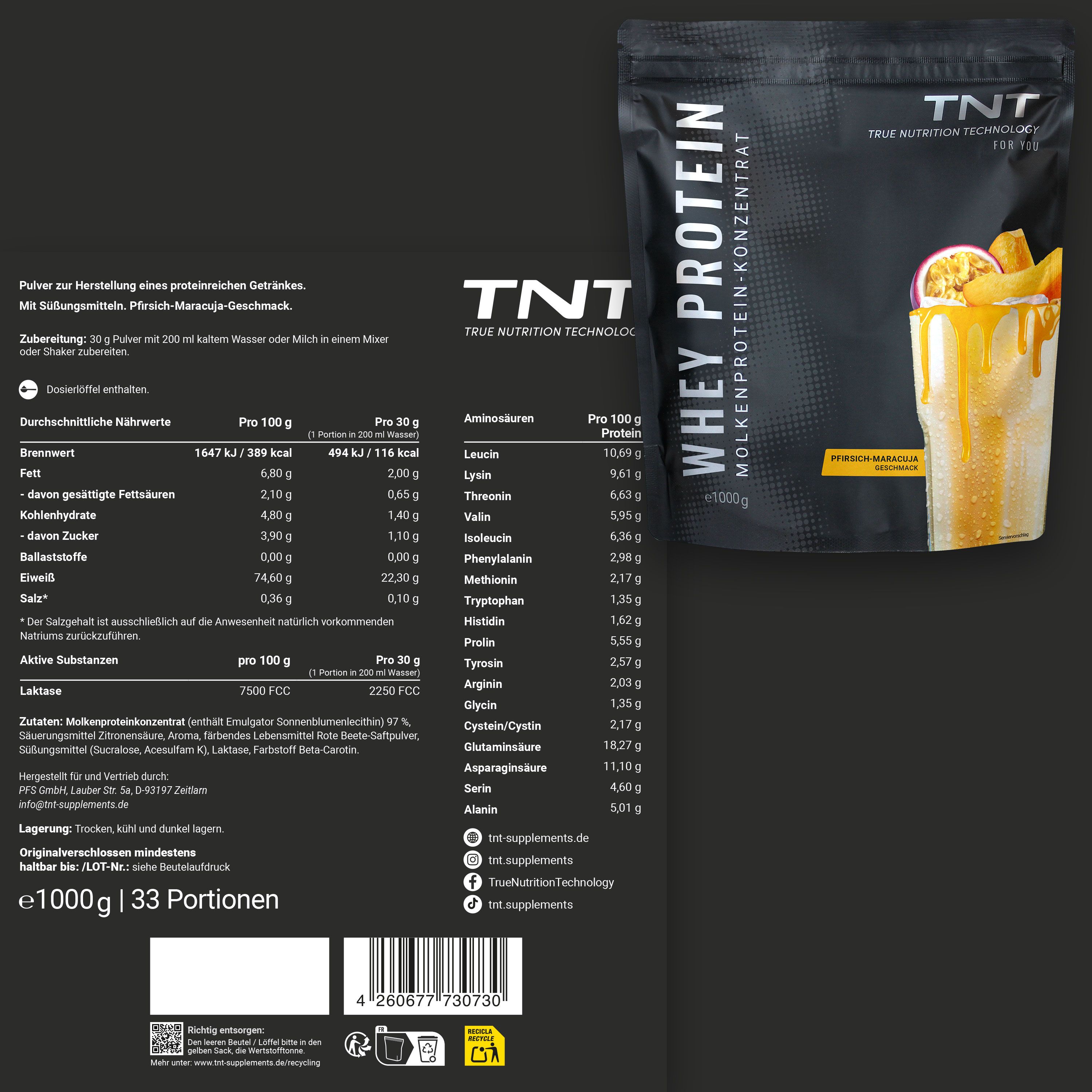 TNT Whey Protein Konzentrat-Packung und Nährwerttabelle. Aufdruck: Whey Protein, Molkenprotein-Konzentrat, Pfirsich-Maracuja Geschmack. Text und Nährwertangaben.