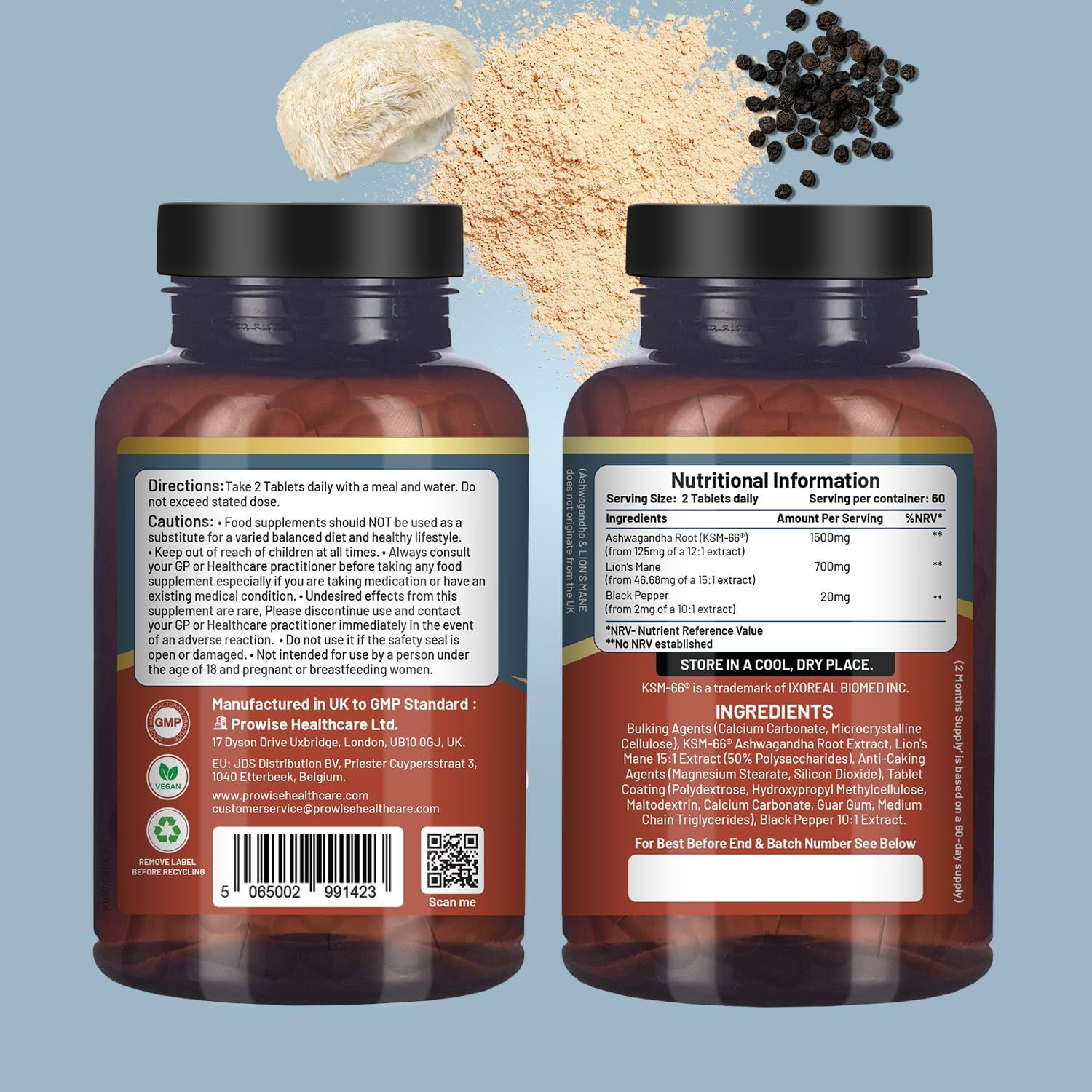 Zwei Flaschen mit Etiketten. Zutaten: Ashwagandha, Löwenmähne, schwarzer Pfeffer. Nährwertangaben. Hergestellt in Großbritannien.