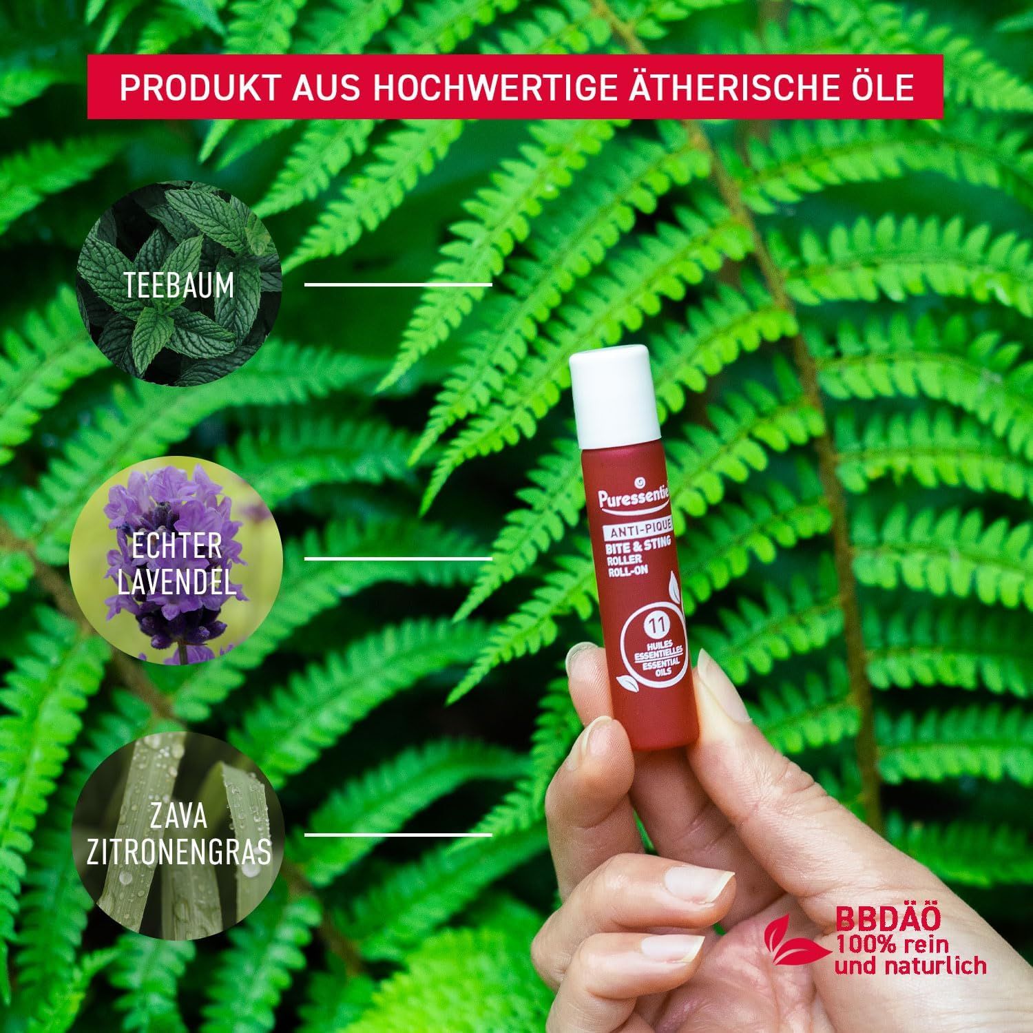 Produkt aus hochwertigen ätherischen Ölen. Enthält Teebaum, Lavendel und Zitronengras. Roll-on in Hand.