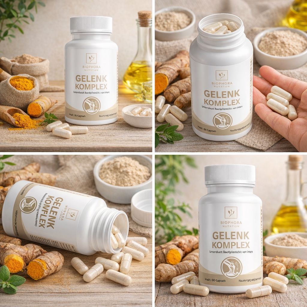 Weiße Kapseln in einer weißen Flasche. Aufschrift: Gelenk Komplex. Hintergrund: Kurkuma, Öl, Ingwer und Schalen.