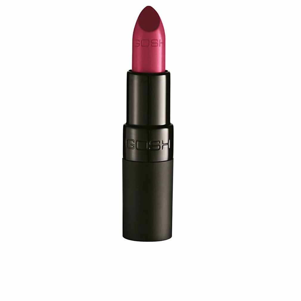 Lippenstift, dunkelroter Farbton. Schwarze Hülse mit GOSH-Logo. Produktansicht.