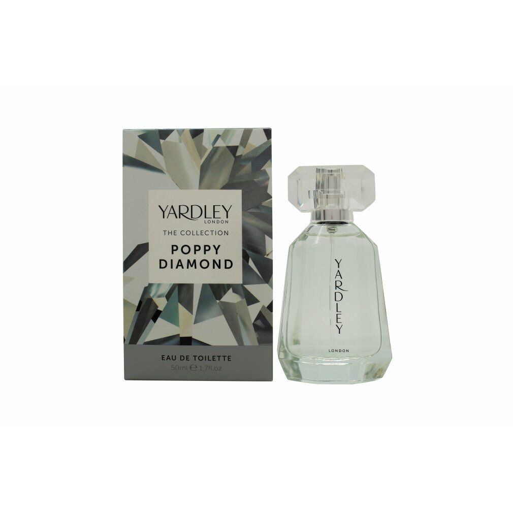Flakon und Schachtel von Yardley Poppy Diamond Eau de Toilette. Flakon transparent, Deckel facettiert. Schachtel mit Logo und Produktname.