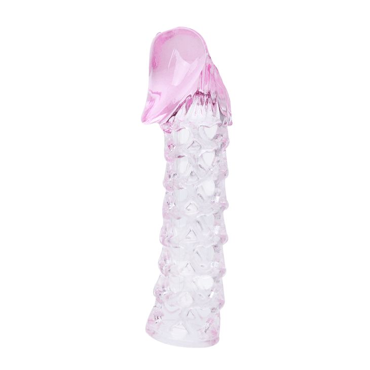 Penis-Extender-Cover. Transparentes Material mit rosa Spitze. Geriffelte Oberfläche.