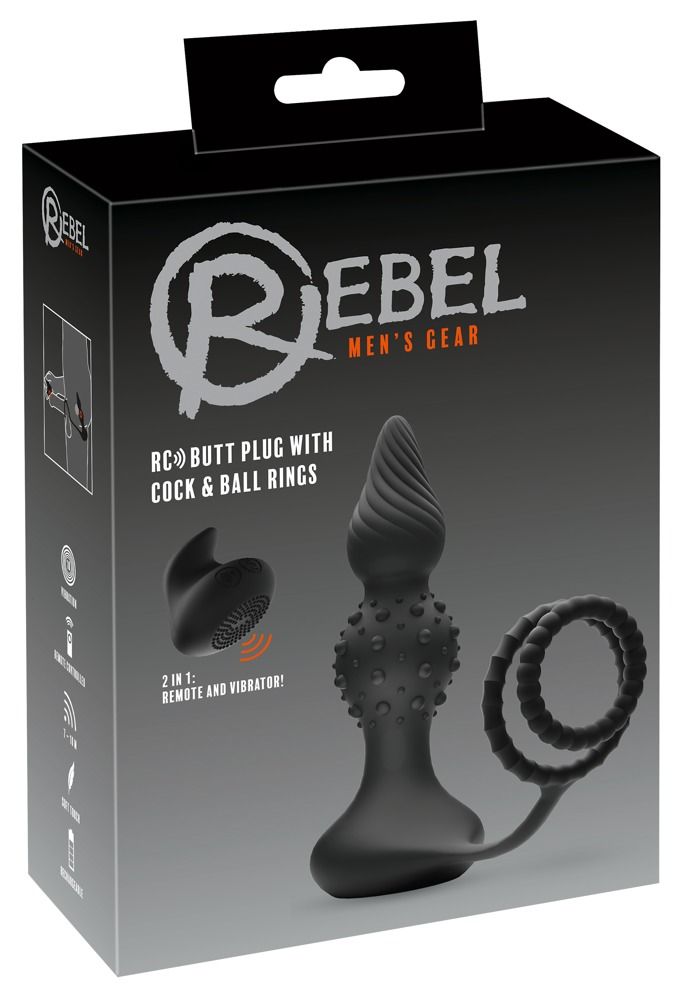 Verpackung mit Analvibrator mit Penisring. Auf der Verpackung steht "REBEL MEN'S GEAR". Das Produkt ist schwarz.