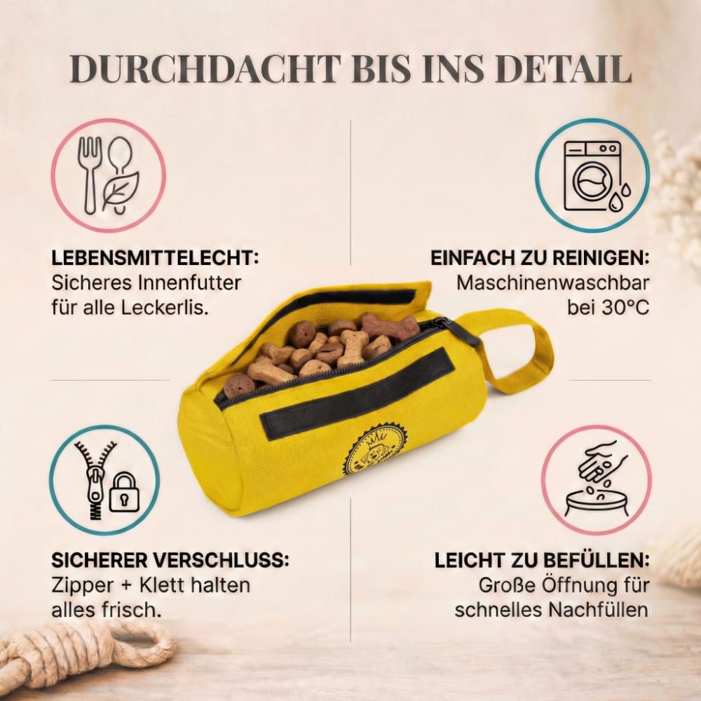 Gelber Futterbeutel mit Handschlaufe, geöffnet. Text: Lebensmittelecht, leicht zu befüllen, sicherer Verschluss, einfach zu reinigen.