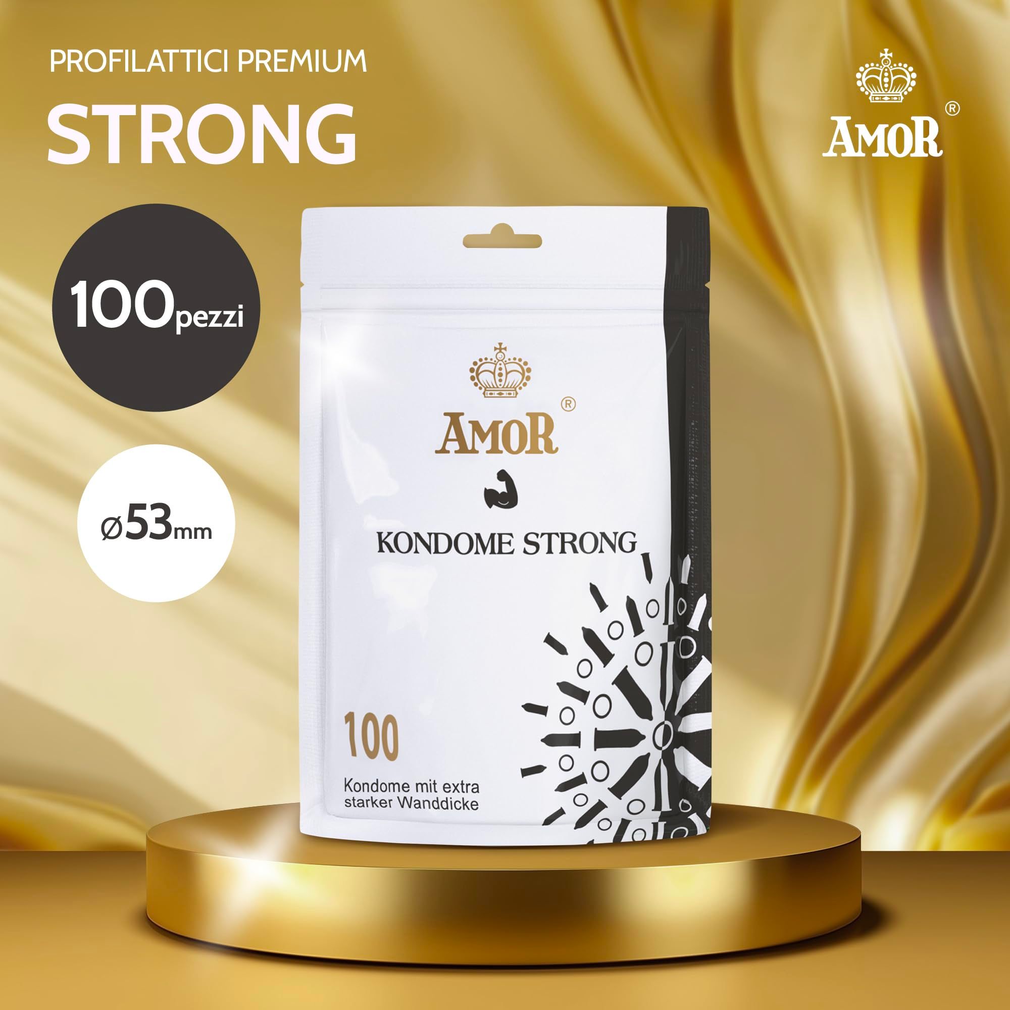 Packung mit 100 Amor Kondomen Strong, 53mm Durchmesser, extra stark.