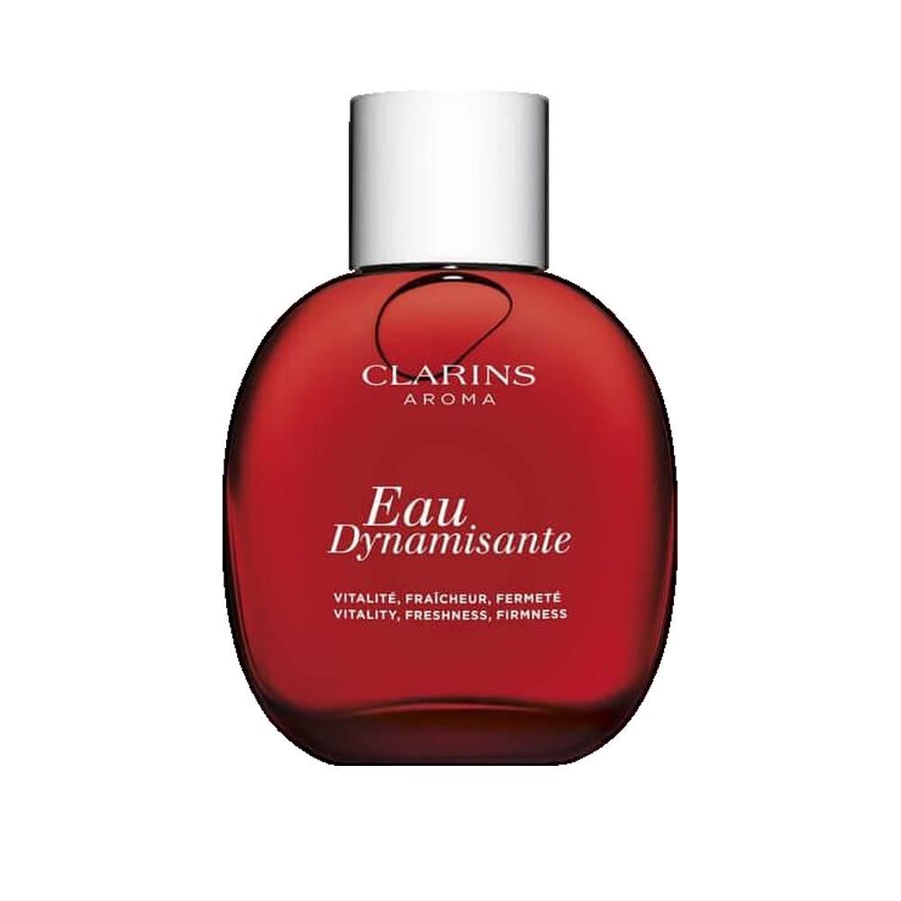 Rote Flasche mit weißem Deckel. Aufschrift: Clarins Aroma, Eau Dynamisante. Untertitel: Vitalité, fraîcheur, fermeté.