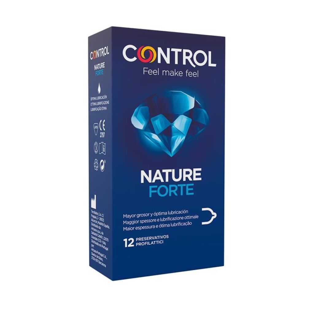 Control Nature Forte Kondomverpackung, 12 Stück, blaue Box mit Diamant-Symbol.