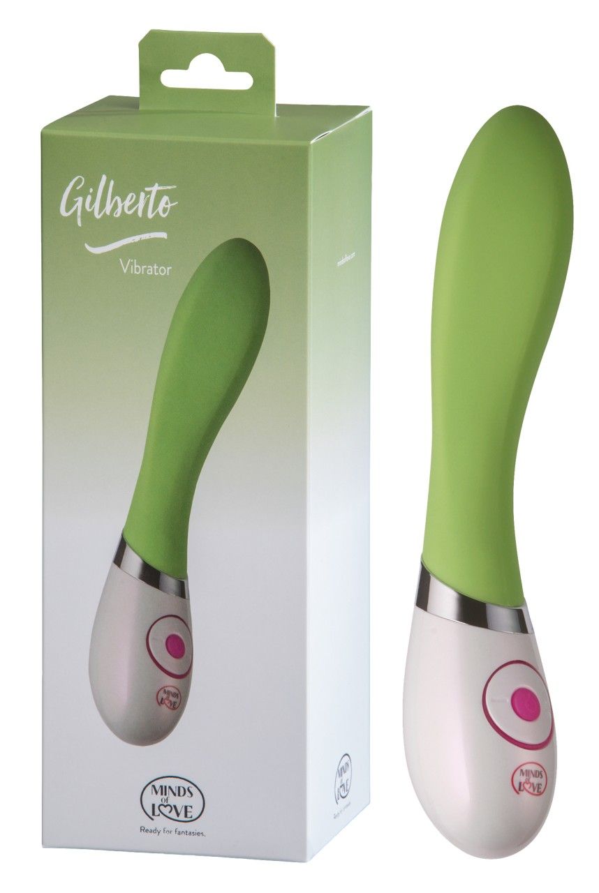 Grüner Vibrator neben Verpackung. Weiß-grüner Griff, rosa Knopf. Verpackung mit Logo und Name.