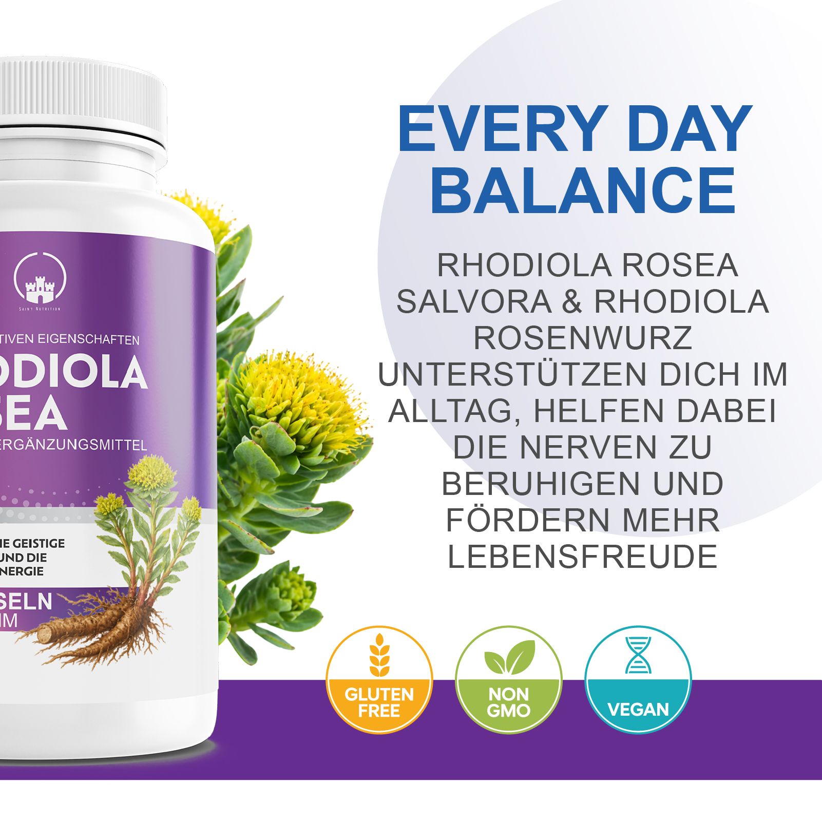 Produktflasche mit Text: Rhodiola Rosea, Nahrungsergänzungsmittel. Glutenfrei, Non-GMO, Vegan. Text: Every Day Balance.