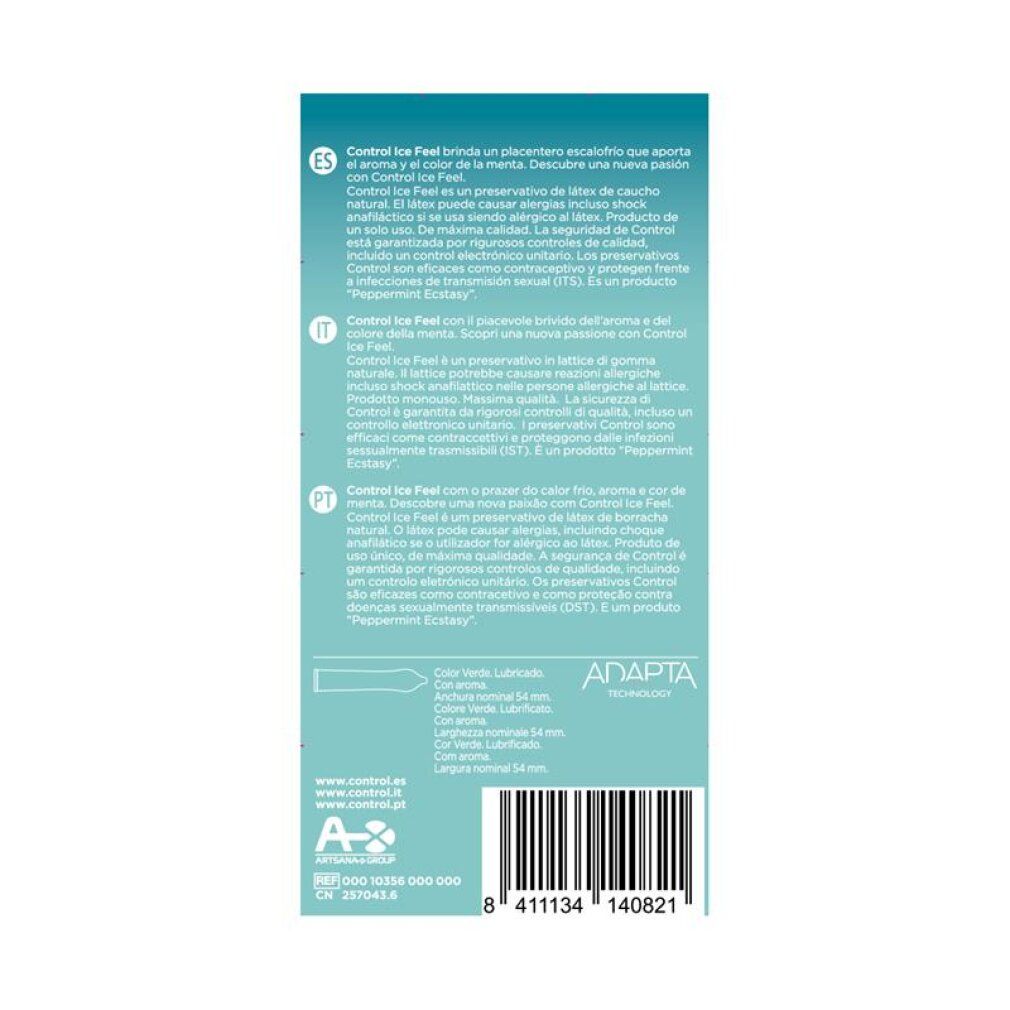 Rückseite der Verpackung von Control Ice Feel Kondomen mit Produktinformationen.