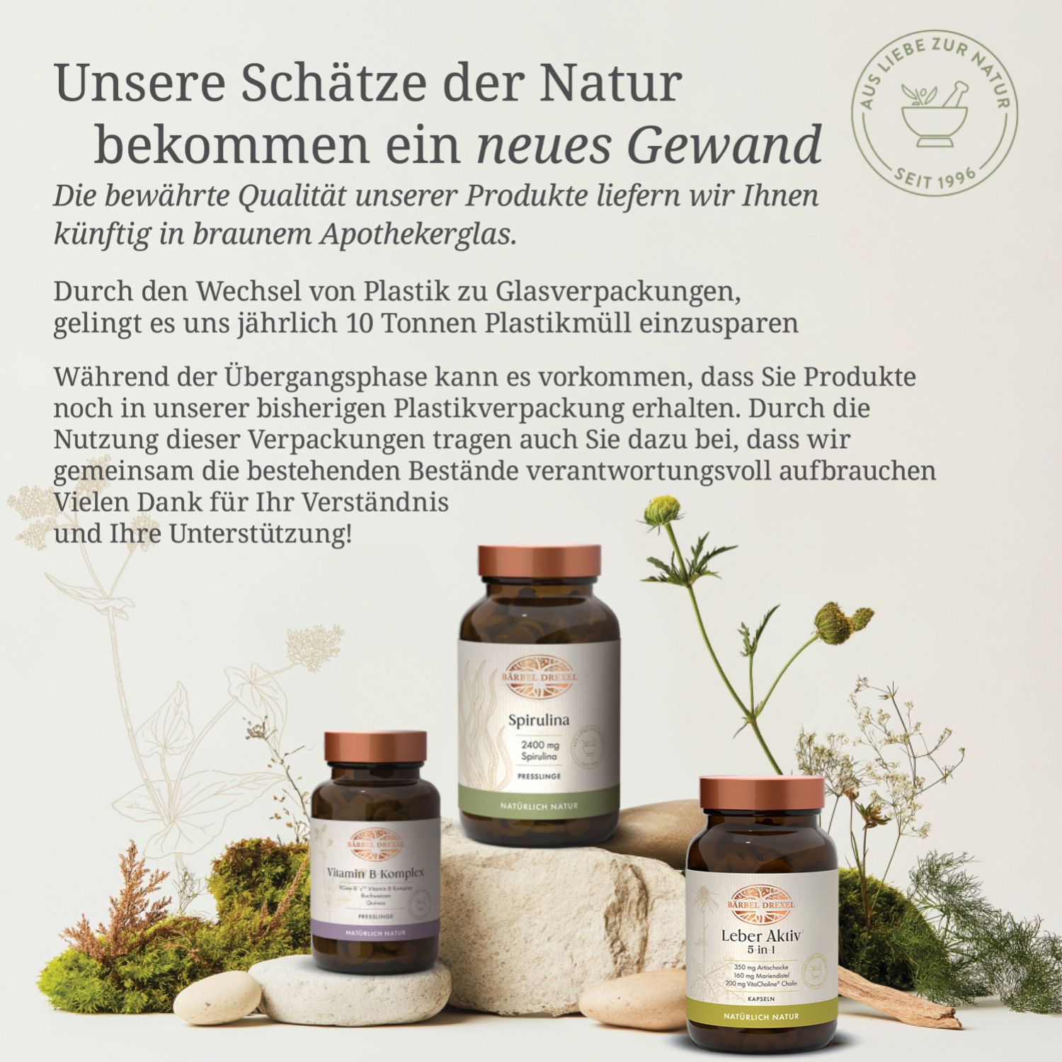 Drei braune Glasflaschen mit kupferfarbenen Verschlüssen. Aufschrift "Spirulina", "Vitamin B Komplex" und "Leber Aktiv".