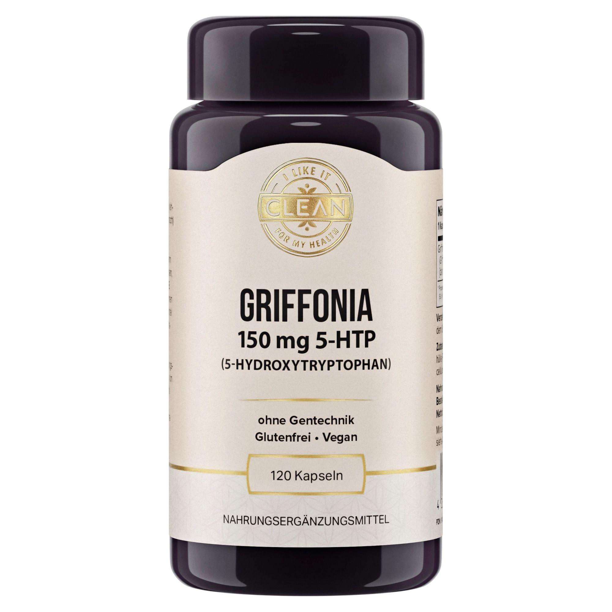 Braune Flasche mit Griffonia 150 mg 5-HTP, 120 Kapseln. Text: ohne Gentechnik, glutenfrei, vegan. Nahrungsergänzungsmittel.