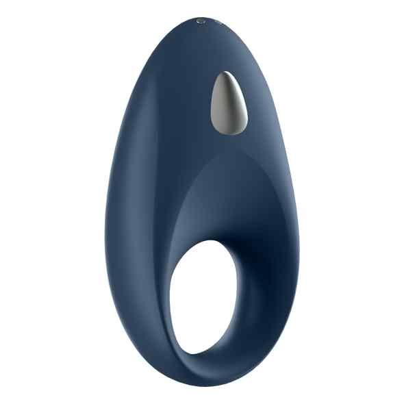 Blaues Ring-Vibrator-Design. Ovale Form mit Loch. Silberfarbener Akzent. Glatte Oberfläche.