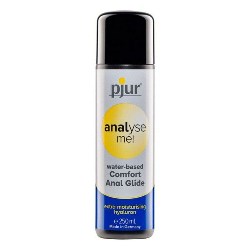 Flasche mit schwarzem Deckel. Aufschrift: pjur, analyse me!, water-based Comfort Anal Glide, extra moisturizing hyaluron. 250ml.