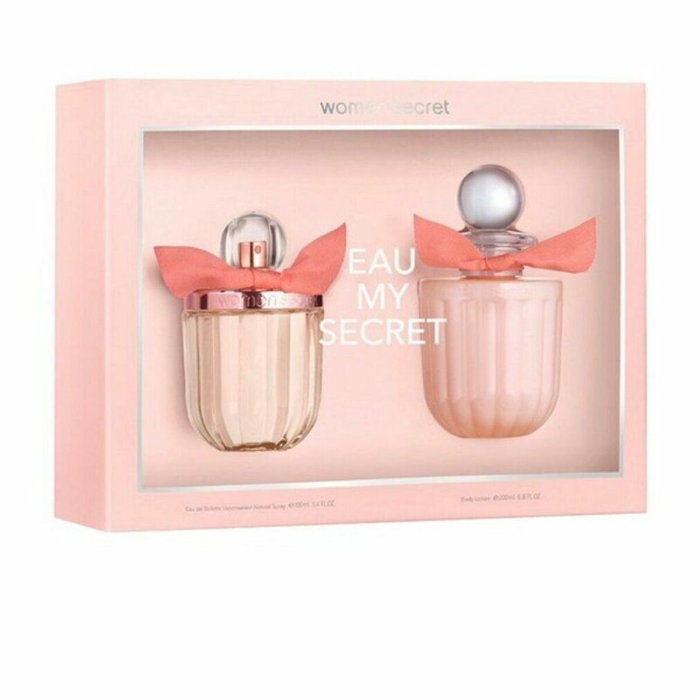 Rosa Geschenkbox mit zwei Flakons. Aufschrift "Eau My Secret". Flakons mit rosa Schleifen und Deckeln.