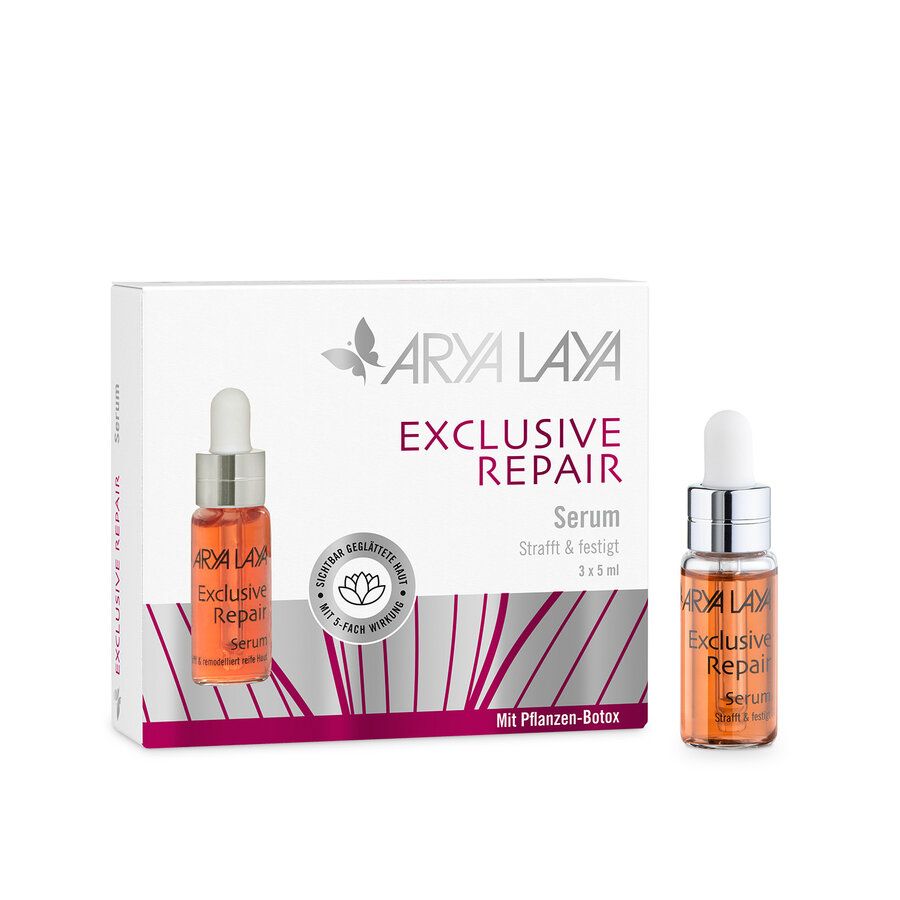 Arya Laya Exclusive Repair Serum in einer 3x5ml Packung mit Pipettenfläschchen.