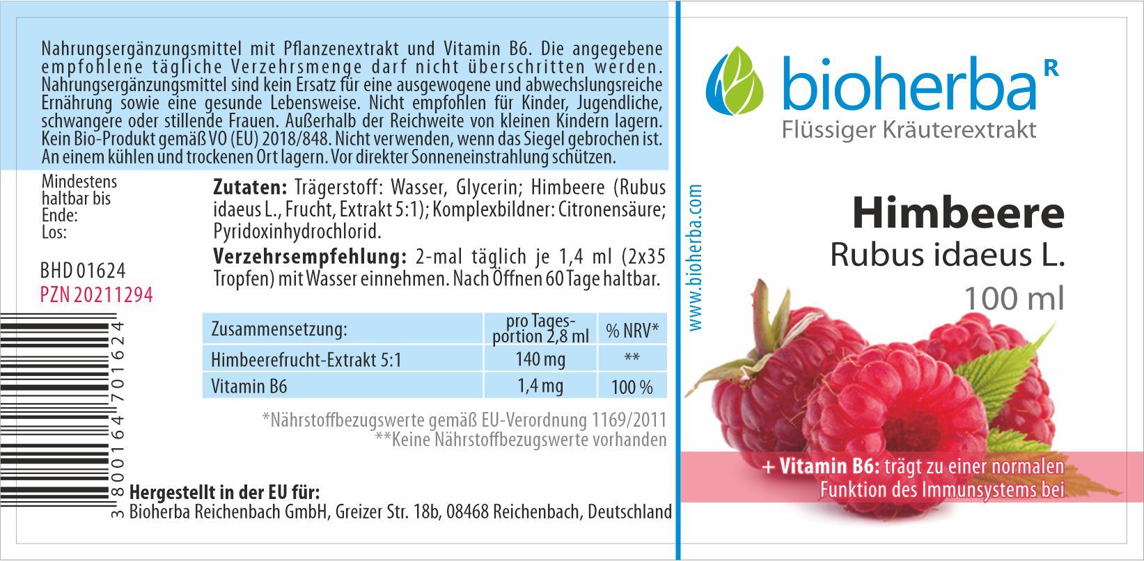 Etikett mit Produktname, Himbeeren-Illustration und Markenlogo. Enthält Informationen zu Inhaltsstoffen und Dosierung. 100 ml.