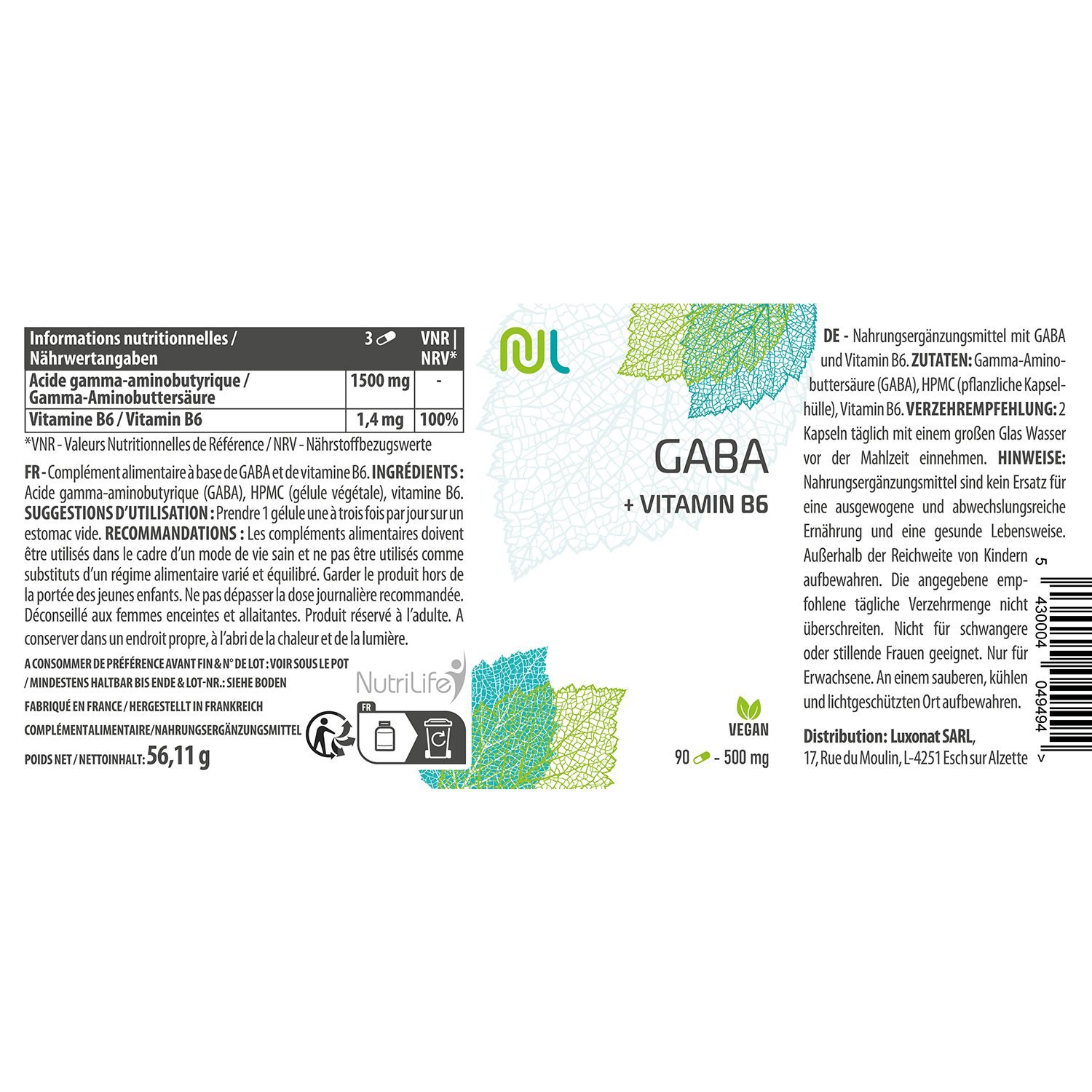 Rückseite einer weißen Flasche mit Kapseln. Aufschrift: Gaba + Vitamin B6. Vegan-Siegel. Nährwertangaben und Inhaltsstoffe.
