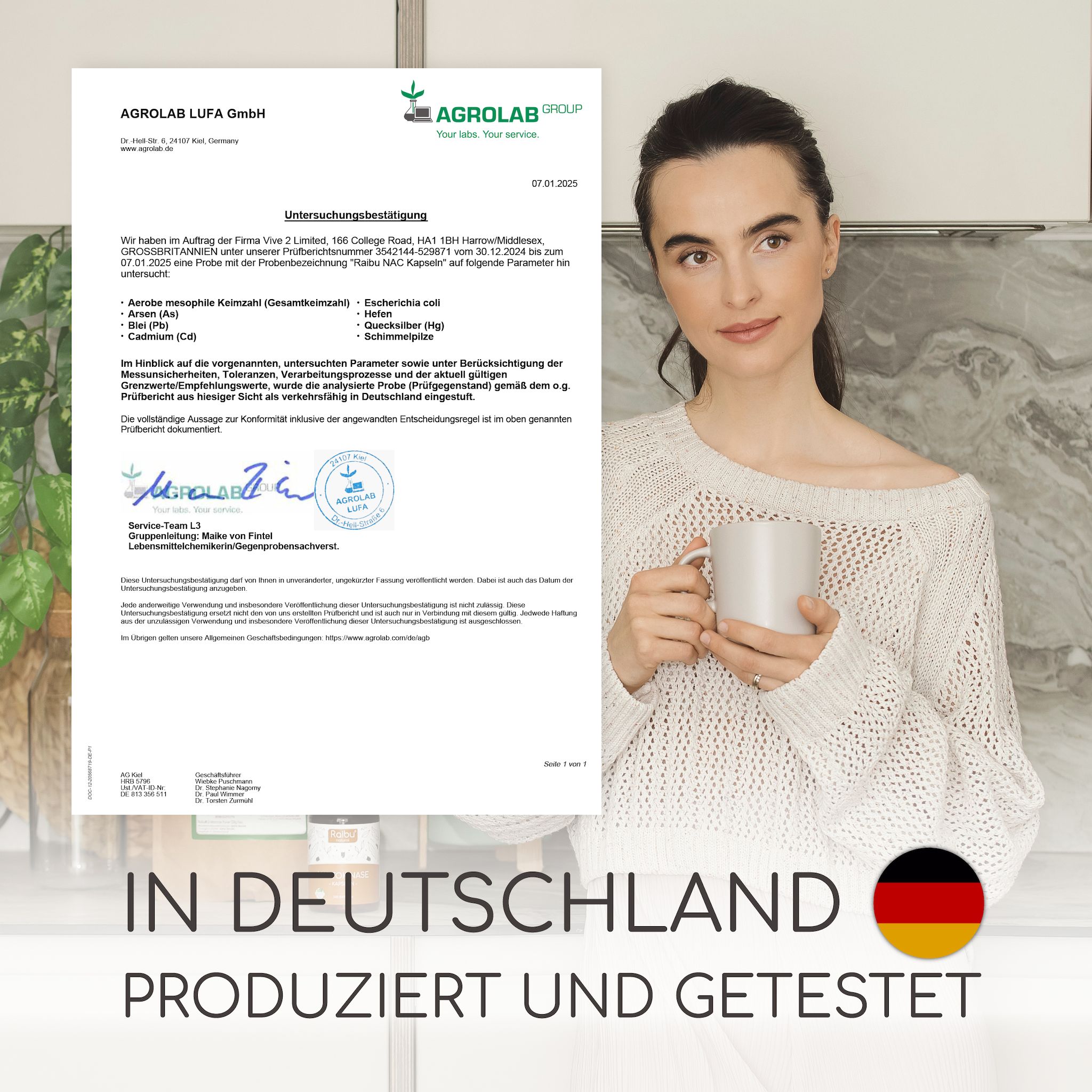 Zertifikat von Agrolab. Text: In Deutschland produziert und getestet. Frau hält Tasse. Deutsche Flagge.